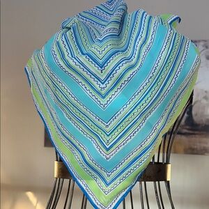 VTG NEW Vera Square Blues Lime Green Squiggly Striped Spring Colors Scarf